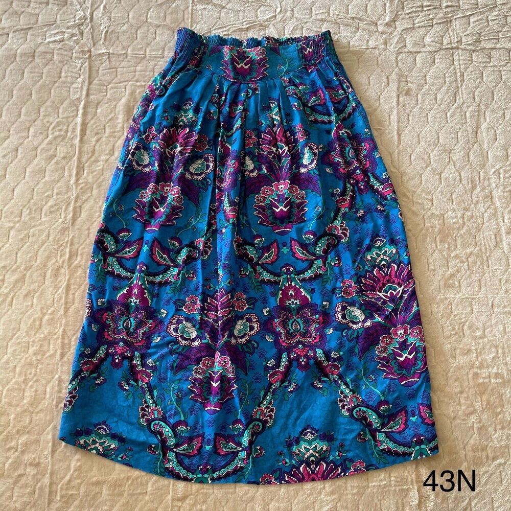 Vintage 80s Anna G. Paisley Floral Boho‎ Coquette Midi Skirt Size 7/8